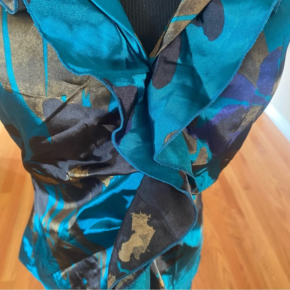 T Tahari Teal/Brown Floral Satin-y Sleeveless Blouse - Picture 5 of 7